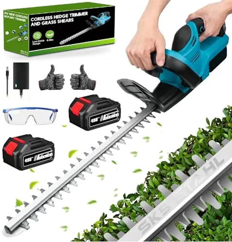 Cortasetos Bateria 21V, 1000W Cortasetos Electrico con 6,0 Ah Baterías, Cuchilla de 52 cm, Diámetro de Corte 15 mm, Doble Interruptor y Cuchilla Doble, Corta Setos Jardin Electrico (con 2 Batería)