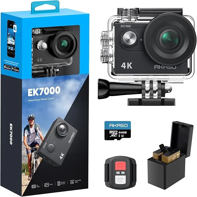 AKASO EK7000 Cámara Deportiva 4K con Tarjeta de Memoria microSDXC de 64GB Cámara de acción 4K 20MP WiFi Gran Ángulo 170° con EIS Control Remoto 2.4G Camara Acuatica Sumergible 30M 2 Baterías
