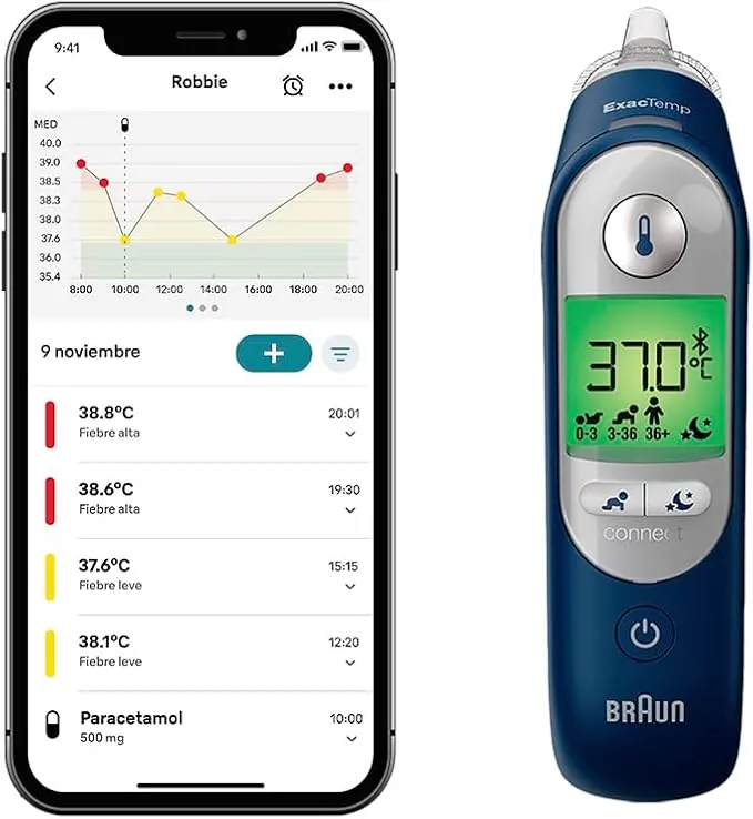 Braun ThermoScan 7+ connect Termómetro de oído | Compatible con la aplicación Braun Family Care™ | Tecnología Age Precision® | Pantalla digital codificada por colores