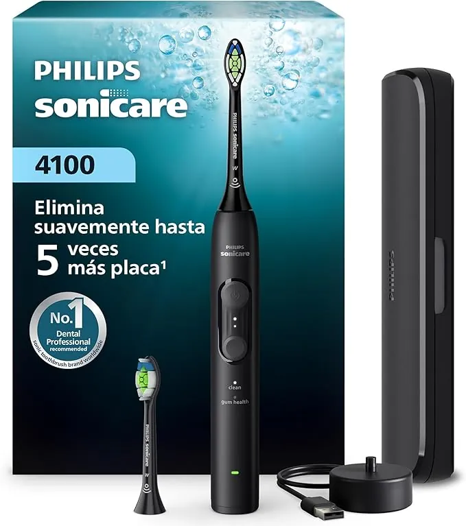 Cepillo Philips Sonicare Serie 4100 - Cepillo dental sónico con sensor de presión, 4 ajustes de cepillado, EasyStart, SmarTimer, autonomía de 21 días, estuche, negro, HX4044/52, [Nuevo]