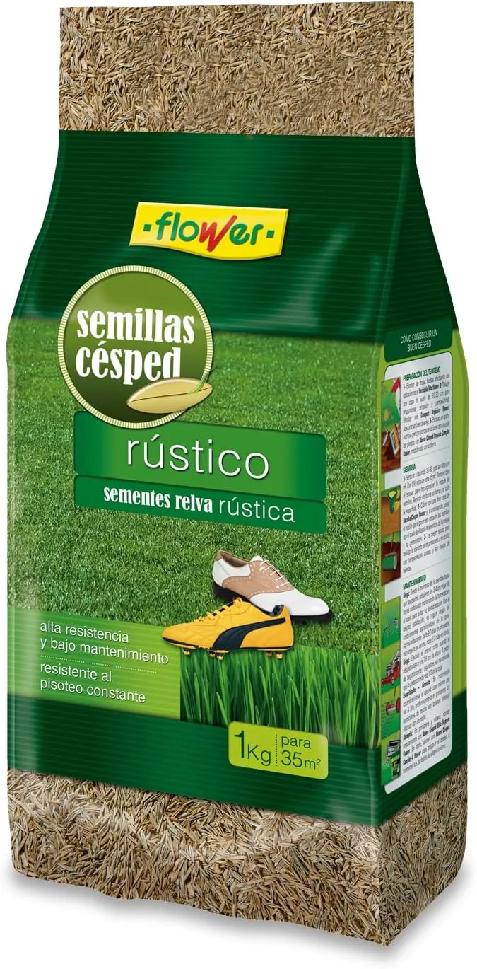 Flower - Semillas de Césped Rústico Resistente 1 kg | Crecimiento Rápido | Ideal para zonas de paso | Bajo Mantenimiento | Cubre 35 m² | Resistente a Sequía