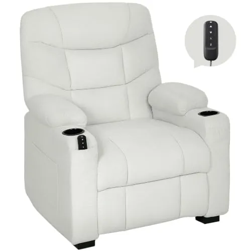 HOMCOM Sillón Relax Reclinable Eléctrico Silencioso con Reposapiés Crema | Sillón Reclinable, Función Memoria, Mando a Distancia, Bolsillos Laterales, Portavasos, Puerto USB, para Dormitorio, Salón