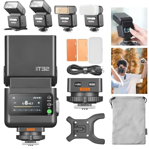 Godox Flash de cámara iT32 + base magnética X5-S compatible con cámaras Sony, TTL HSS + lámpara LED, X5 sirve zapata + gatillo en una base, (control inalámbrico otros flashes del sistema Godox X)