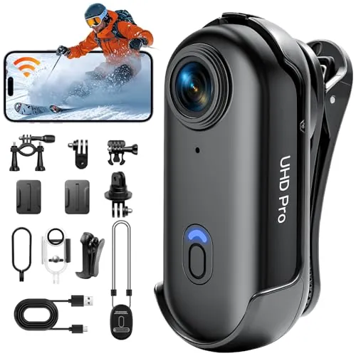 SecuraLen Camara Deportiva Mini, 1080P HD Action CAM WiFi con Estuche Impermeable, Lente Gran Angular 150° Camara Moto 360, Diseño Tamaño Pulgar Admite Compartir En Redes Sociales para Buceo/Ciclismo