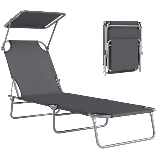 Outsunny Tumbona Plegable Reclinable con Toldo 187x58x36 cm Gris