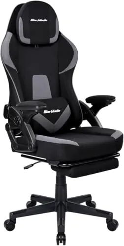 T-LOVENDO.ES Silla Gamer Gaming Profesional, Ergonómica, de Tela Transpirable y Antimanchas, Reposabrazos Abatibles, con Reposapiés. para Adultos. Altura Regulable y Respaldo Abatible. (Negro/Gris)