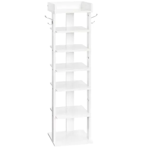 HOOBRO Zapatero, Estante Zapatero Estrecho, Mueble Zapatero de 7 Niveles, Zapatero Vertical con 2 Ganchos, Ahorro de Espacio, para Entrada, Salón, Dormitorio, Blanco EWT61XJ01