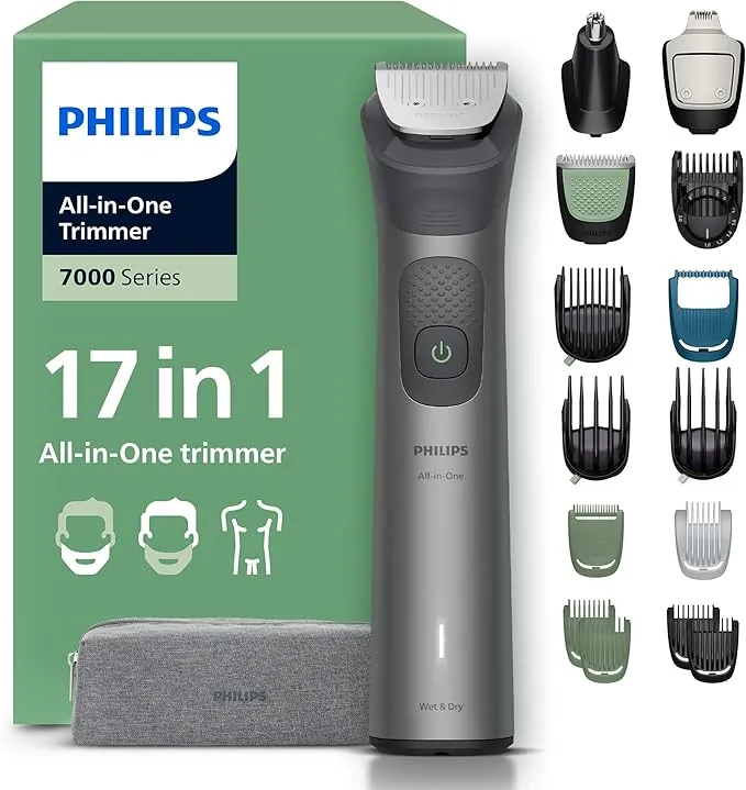 Philips Recortadora todo en uno de 17 en 1 Serie 7000 - Afeitadora y cortapelos hombre para rostro, cabeza y cuerpo, cuchillas de acero autoafilables, 26 longitudes, recargable, MG7961/15