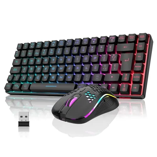 RedThunder 75% Teclado Inalámbrico Gaming,Retroiluminación RGB,Ratón Celular Ligero de 3200 dpi,Teclado Ultra-Compacto 85 Teclas Anti-ghosting,Disposición ES,para PC/PS5/Xbox