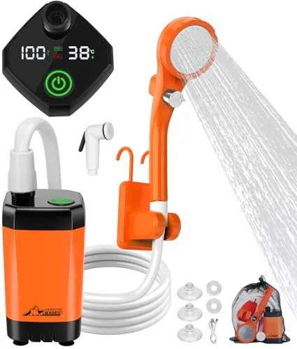 WADEO Ducha Portátil para Acampar, Ducha Móvil para Exteriores con Pantalla Digital Inteligente y Cabezal de Ducha, Ideal para Acampar, Viajar, Duchas para Perros y Lavar Autos (Tipo C, Naranja)