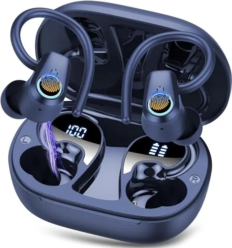 Auriculares Inalambricos Deportivos Bluetooth 5.4, HiFi Estéreo, 4 Mic HD | 50H Cascos Inalambricos Bluetooth con Cancelacion Ruido ENC, pantalla LED, IP7 Impermeable para Entrenamiento Gimnasio, Azul