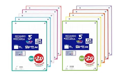 Oxford, Hojas Cuadriculadas A4 Perforadas, Pack de 2 Recambios Archivador, 240 Hojas, Cuadrícula 5x5, Bandas de Colores Pastel y Vivos