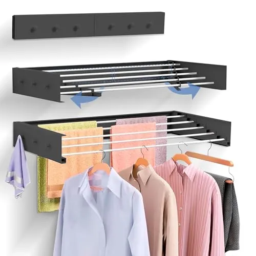 JUPPLIES Tendedero Extensible Pared Plegable - Tendedero Retráctil Invisible con 5 Barras de Aluminio para Interior o Exterior - Ahorra Espacio con Diseño Compacto (Negro (+Ganchos), 80)
