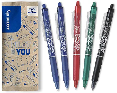 PILOT - Caja de 5 FriXion Ball Clicker - Bolígrafo Retráctil Borrable con Tinta Termosensible - Rollerball Recargable y Ergonómico - 2 Azul, Negro, Rojo, Verde - Punta Media