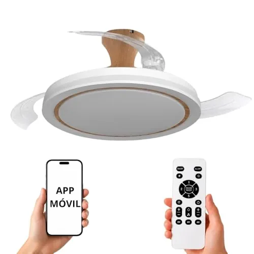 NARVI Ventilador de Techo Blanco y Madera Haya Ø107 cm con Luz LED Regulable, Motor DC Silencioso de Bajo Consumo, Lámpara Ventilador con Mando, 3 Aspas Retráctiles, CRETA 8938 WDN