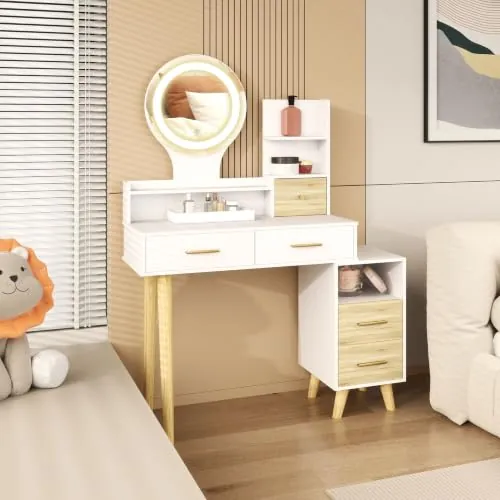 HOMCOM Tocador de Maquillaje con Espejo y Luces LED 5 Cajones Blanco | Mesa de Maquillaje, Iluminación Ajustable, 4 Compartimentos, Tocador para Dormitorio Salón
