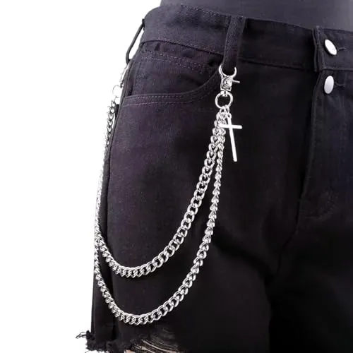 FloralGrace 1 pieza cadena de pantalones para hombres y mujeres Hip Hop Punk cadena de jeans cruz cadenas de pantalones cortos accesorios góticos Punk Hip Hop cadena de billetera plateada