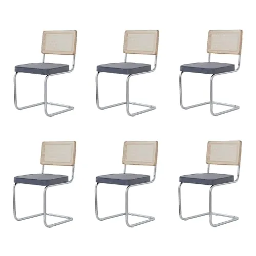 BenyLed Pack 6 Sillas de Comedor Estilo Nórdico Silla Escandinava; Sillas de Cocina Modernas con Respaldo de Madera Maciza de Ratán y Asiento Tapizado (Gris holandés Terciopelo)