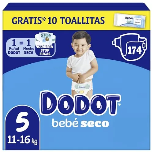 Dodot Pañales Bebé-Seco, Talla 5 (11-16 kg), 174 Pañales + 1 Pack de 10 Toallitas Regalo de Aqua Plastic Free, Una Noche Hasta Un 100% Libre De Fugas, Pack Mensual