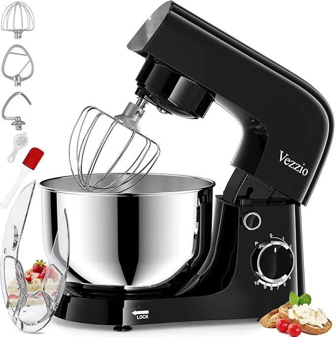 Vezzio Batidora Amasadora,1500W|4.5 L Amasadora de Pan Para Repostería,Bol de Acero inoxidable de Amasador,Batidor,Varillas y Protección Para Salpicaduras 10 Velocidades Repostería Profesional