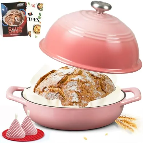 Overmont Olla de hierro fundido esmaltado para Hornear pan - 5.7L Olla holandesa Cacerola con tapa y libro de recetas - Apta para cocina, hornear, estofar y asar - Rosa