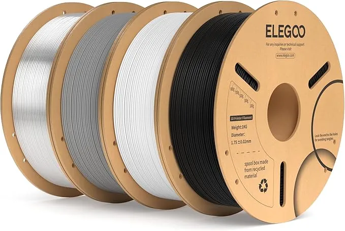 ELEGOO Filamento PLA+ 1.75 4KG Negro, Blanco, Gris, Traslúcido, Precisión Dimensional +/- 0.02mm, Carrete Filamento para Mayoría Impresoras 3D