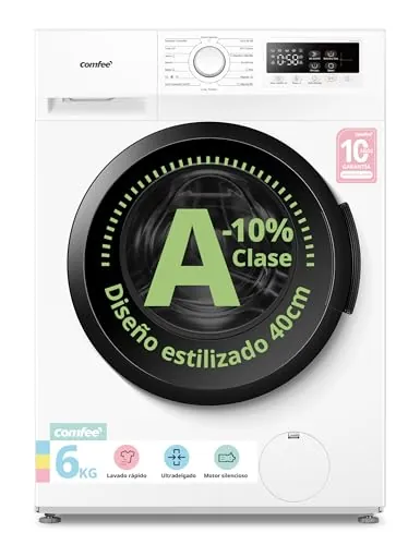 COMFEE' Lavadora 6kg, Ultradelgado 40cm, Clase A-10%, 1200RPM, CFP01EW60W