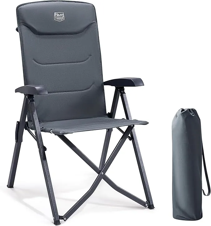 TIMBER RIDGE Silla de Camping Adulto 150kg Silla de Jardín Plegable Portátile de Alta Resistencia Respaldo Alto Sillas Reclinable de 4 Posiciones para Campamento Picnic Jardín Caravana 1 Pc, Gris