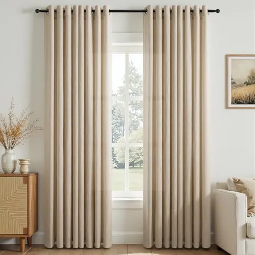 Topfinel Modern Living Room Curtains 2 Pieces Curtain Bedroom Linen Net Curtain for Children Room Stripe Chiffon Soft Translucent Boho Curtains with Decorative Eyelets Marrón Claro 140 x 260 cm