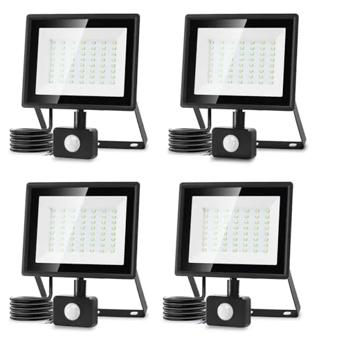 Aigostar Foco LED con Sensor Movimiento 50W,4300LM Super Brillo Focos LED Exterior IP65 Impermeable,Blanco Frío 6500K Proyector Led Exterior,Perfectas para Jardín, Garaje, Patio,paquete de 4