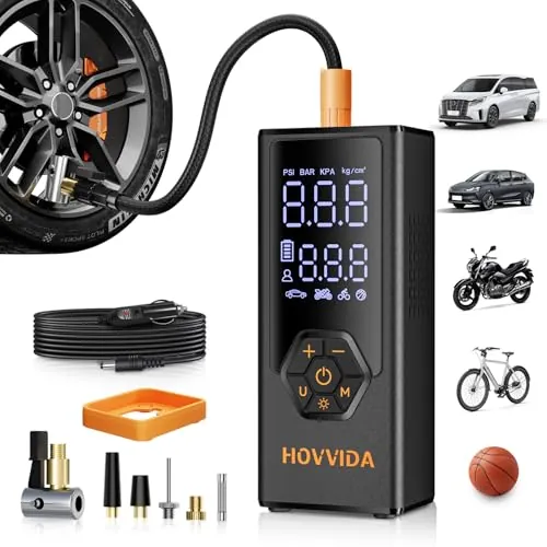 HOVVIDA Inflador Ruedas Coche, Compresor Aire Portatil, Batería de 7800 mAh, 12 V DC, 10,3 Bar, 40 L/min, Inflado Rápido, Hinchador Ruedas Coche para MPV, SUV, Coche, Motocicleta, Bicicleta, Pelota