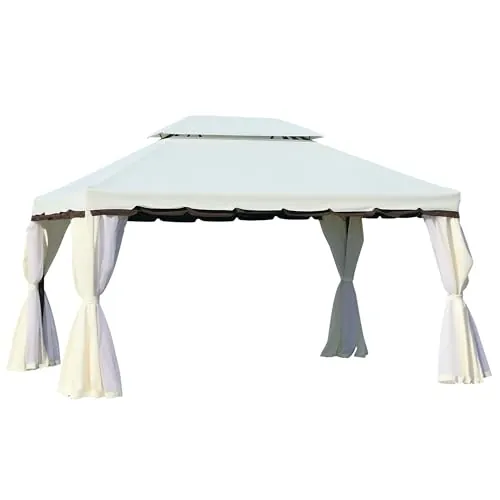 Outsunny Cenador de Jardín 4x3 m Gazebo de Aluminio con Techo de Ventilación 4 Cortinas Laterales 4 Mosquiteras y 8 Orificios de Drenaje para Fiestas Eventos Exterior Blanco