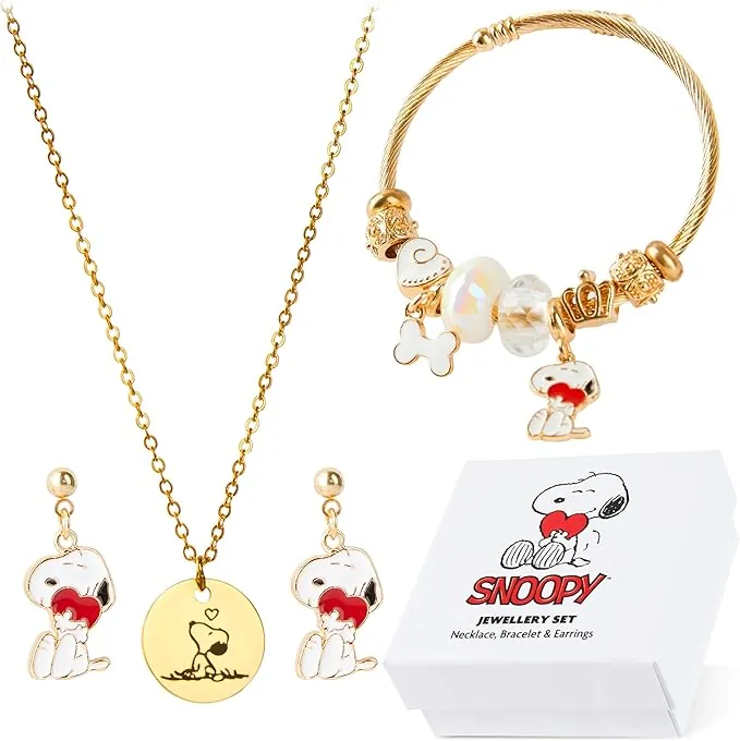 Peanuts Snoopy Conjunto Joyas Mujer y Adolescente - 3 Piezas, Collar, Pulsera y Pendientes