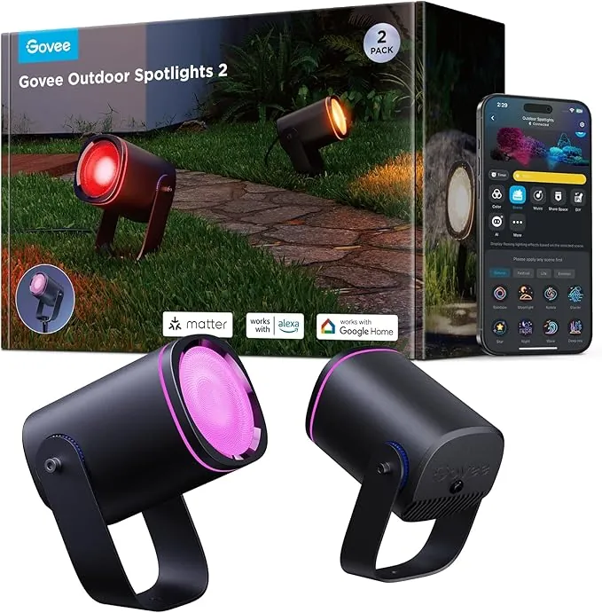 Govee Focos Para Exterior 2, Iluminación de Jardín Resistente al Agua IP67, Foco RGBWIC, 700 lm Regulable, 69 Modos de Escena y 16 mil Colores, Funciona con Alexa, Google Assistant, Matter. 2 paquetes