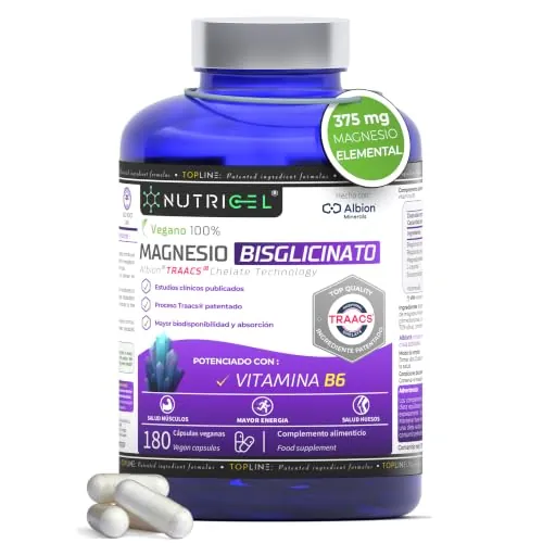 Glicinato de magnesio + Vitamina B6-375 mg de magnesium elemental/dosis diaria - suministro para 2 meses con 180 cápsulas - magnesio quelado - mejora sueño y fatiga - 100% vegano, alta dosificación