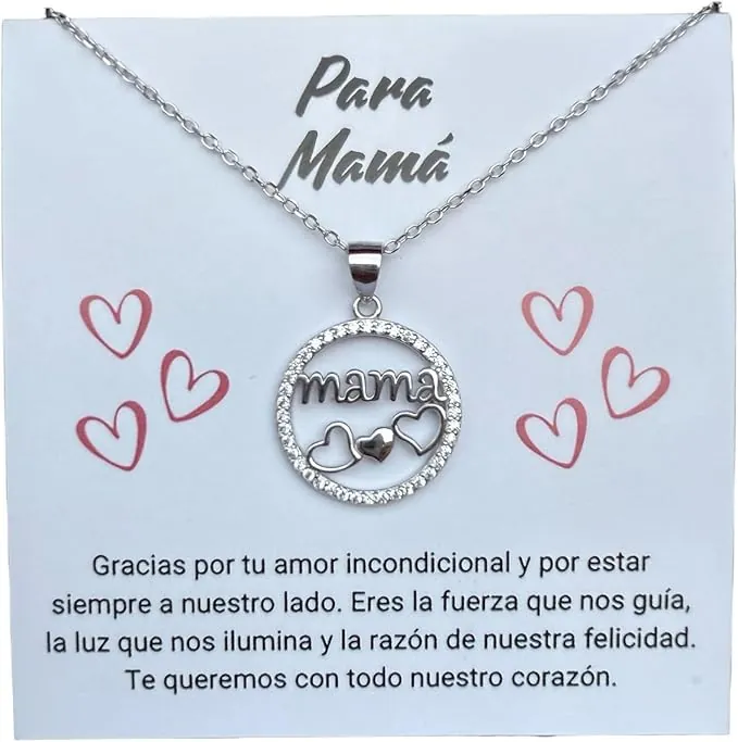 Collar Mamá Plata de Ley 925 con Circonitas – Regalo Día de la Madre Mujer Original – Colgante Corazones Elegante – Regalo para Mamá Cumpleaños o Navidad – Incluye Caja, Bolsa y Tarjeta