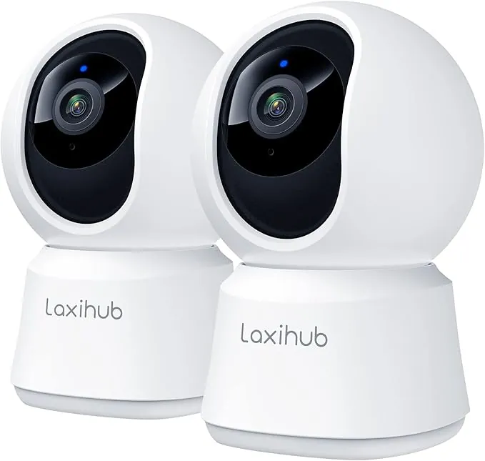 LAXIHUB Cámara Vigilancia WiFi Interior 3MP, Cámara Inteligente en Casa para Mascotas, PTZ 355° Camara para Perros con Aplicación, Audio Bidireccional Compatible con Alexa (2PC)