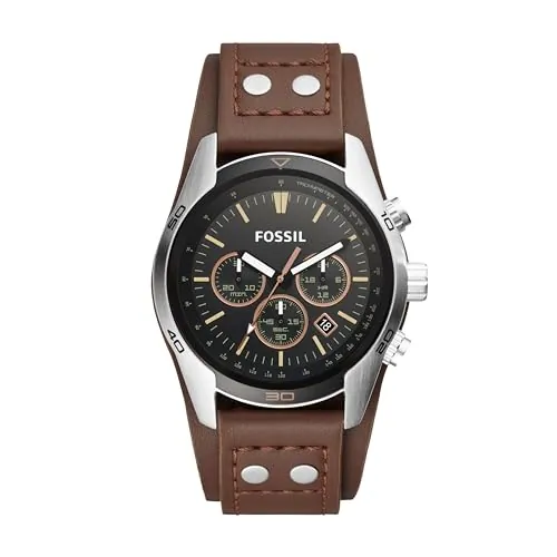 Fossil Reloj para Hombre Coachman, Movimiento cronógrafo de Cuarzo, Caja de Acero Inoxidable Plateado de 44mm con Correa de Piel auténtica, CH2891