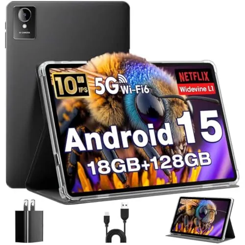 Tablet 10 Pulgadas, Tableta Android 15 con Funda, Unisoc T30 Quad-Core, 18 GB RAM + 128 GB ROM + 1 TB TF, Pantalla HD IPS 1280x800, Cámara Dual 5MP + 8MP, 6000 mAh, WiFi 6, BT 5.0, Widevine L1 (K50)