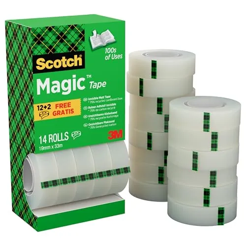 Scotch Magic Cinta Adhesiva Invisible - Paquete ahorro de 14 Rollos de 19mm x 33m - Cinta Adhesiva de Uso General para Reparación, Etiquetado y Sellado de Paquetes y Documentos