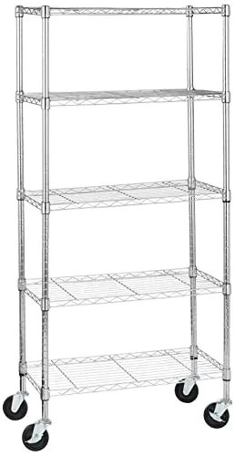 Amazon Basics Unidad de almacenamiento mediana de 5 baldas con ruedas de 4 inch con estantes ajustables en altura y pies niveladores, peso máximo de 680 kg, Cromado, 36 x 152 x 76 cm (D x W x H)