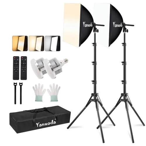 Kit de Iluminación Profesional Softbox 40 x 40 cm (2 Unidades) - Luces LED de Estudio 7500K / 5500K / 3000K, 95W E27, Brilló Ajustable, CRI97 - con 2 Trípodes, Difusores, Control Remoto y Bolsa