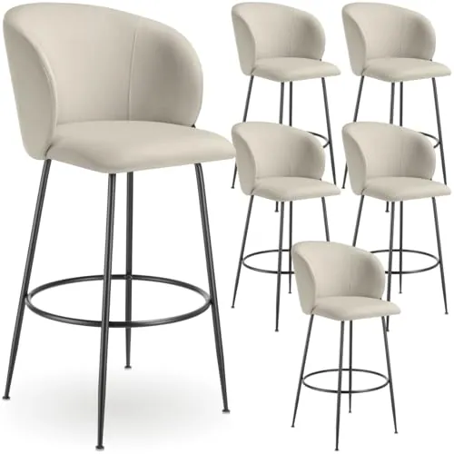 tectake® Taburete Alto con Respaldo Acolchado, Silla Alta de Cocina con Reposapiés, Banqueta con Patas de Acero y Topes Antideslizantes, Silla de Bar, Taburete de Cocina - 6 sillas Crema/Negro