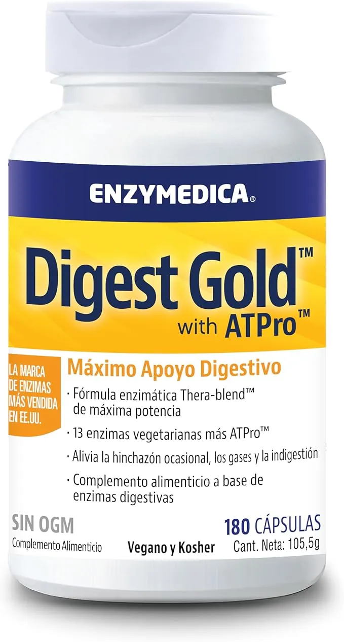Enzymedica, Digest Gold, Fórmula Enzimática de Acción Rápida, Reduce los Gases y la Hinchazón, Mejora la Absorción de Nutrientes y la Energía, Sin Gluten, Sin Lácteos, Vegano, 180 Cápsulas