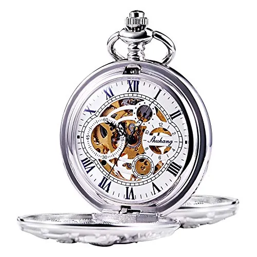 Treeweto - Reloj de bolsillo antiguo de esqueleto mecánico y figura de dragón con cadena