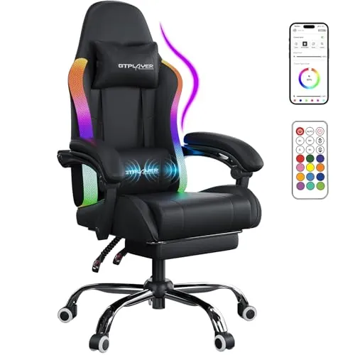 GTPLAYER Silla de gaming, silla de oficina, silla de gaming con barra de luz LED y función de masaje, silla gamer, respaldo con bolsa de almacenamiento, silla ergonómica de PC con mando a distancia