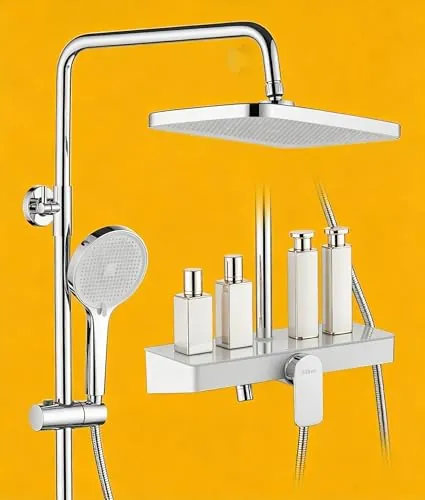 Süßren Columna Ducha Con Grifo Mezclador de Ducha Regulable En Altura Y Juego Completo de Accesorios,Cabezal de Ducha Giratorio 360°,Cabezal de Ducha de Mano, Estante de Cristal de 35×14 cm（Cromo）