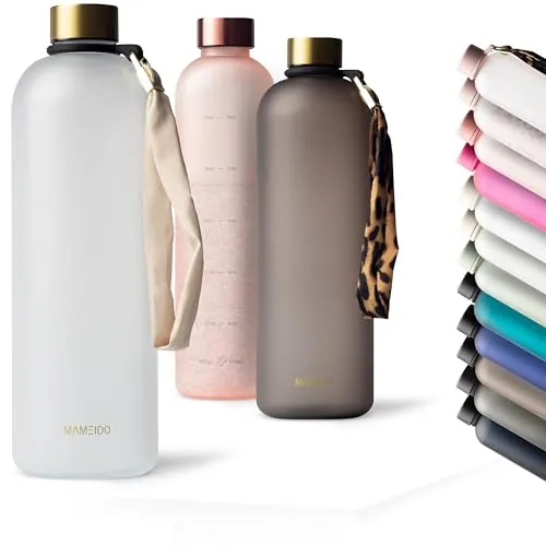 MAMEIDO Botella agua 1,5 litro, Botella motivacional sin BPA, antigoteo, Botella tritan para Colegio, Gym, Oficina (Frosted White Gold)