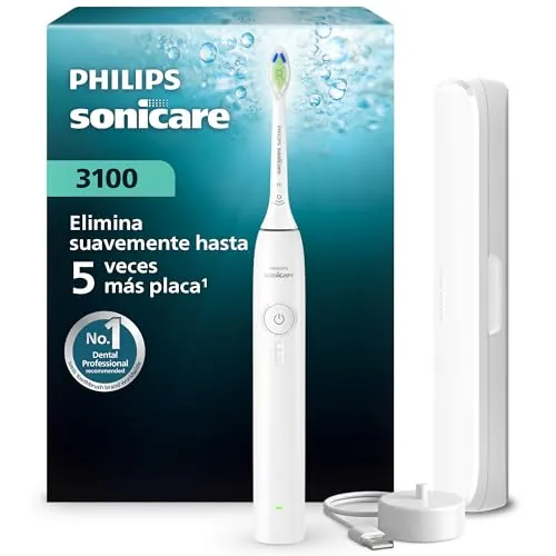 Philips Sonicare Serie 3100 - Cepillo dental sónico con sensor de presión, 3 niveles de intensidad, función EasyStart, SmarTimer, autonomía de 14 días, estuche, blanco, HX4033/21, [Nuevo]