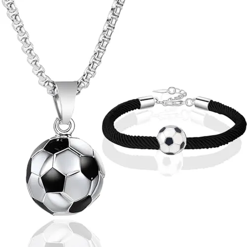 QttvbTna Collar y pulsera de acero inoxidable de fútbol, collar con colgante de fútbol plateado y pulsera de goteo de fútbol para los amantes del fútbol, regalos para hija e hijo, Acero inoxidable